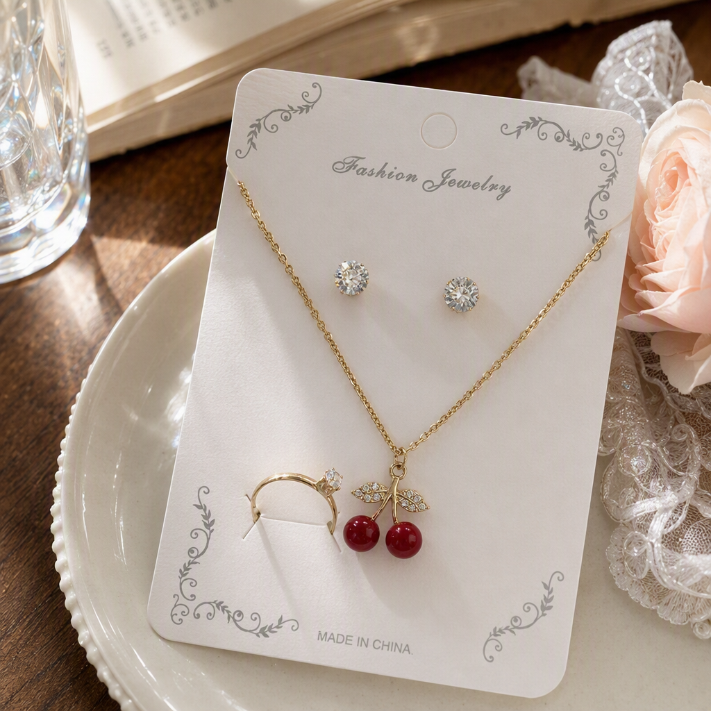 Golden cherry-themed fashion jewelry set: Necklace, stud earrings, ring, trendy women's accessories combination details Picture