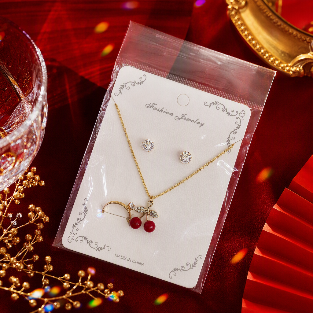 Golden cherry-themed fashion jewelry set: Necklace, stud earrings, ring, trendy women's accessories combination Specification image