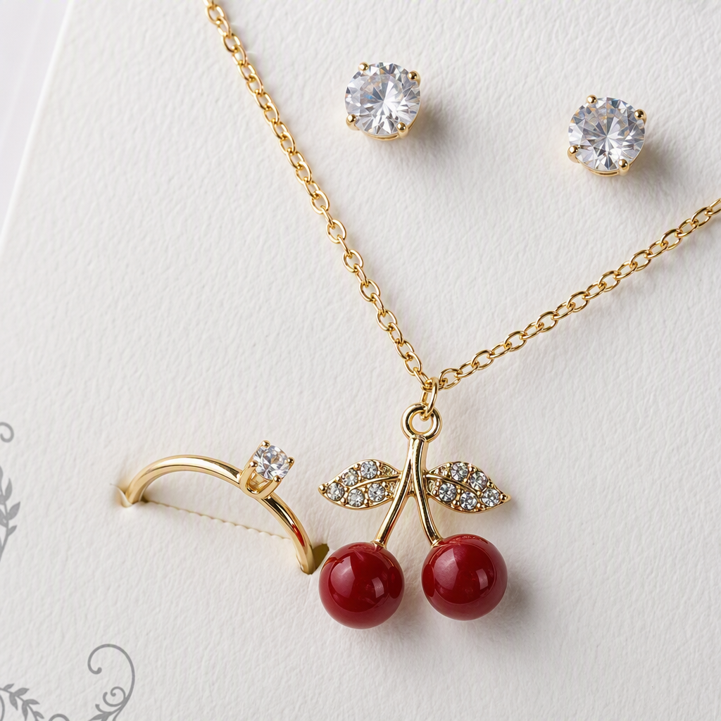 Golden cherry-themed fashion jewelry set: Necklace, stud earrings, ring, trendy women's accessories combination Application Scenario