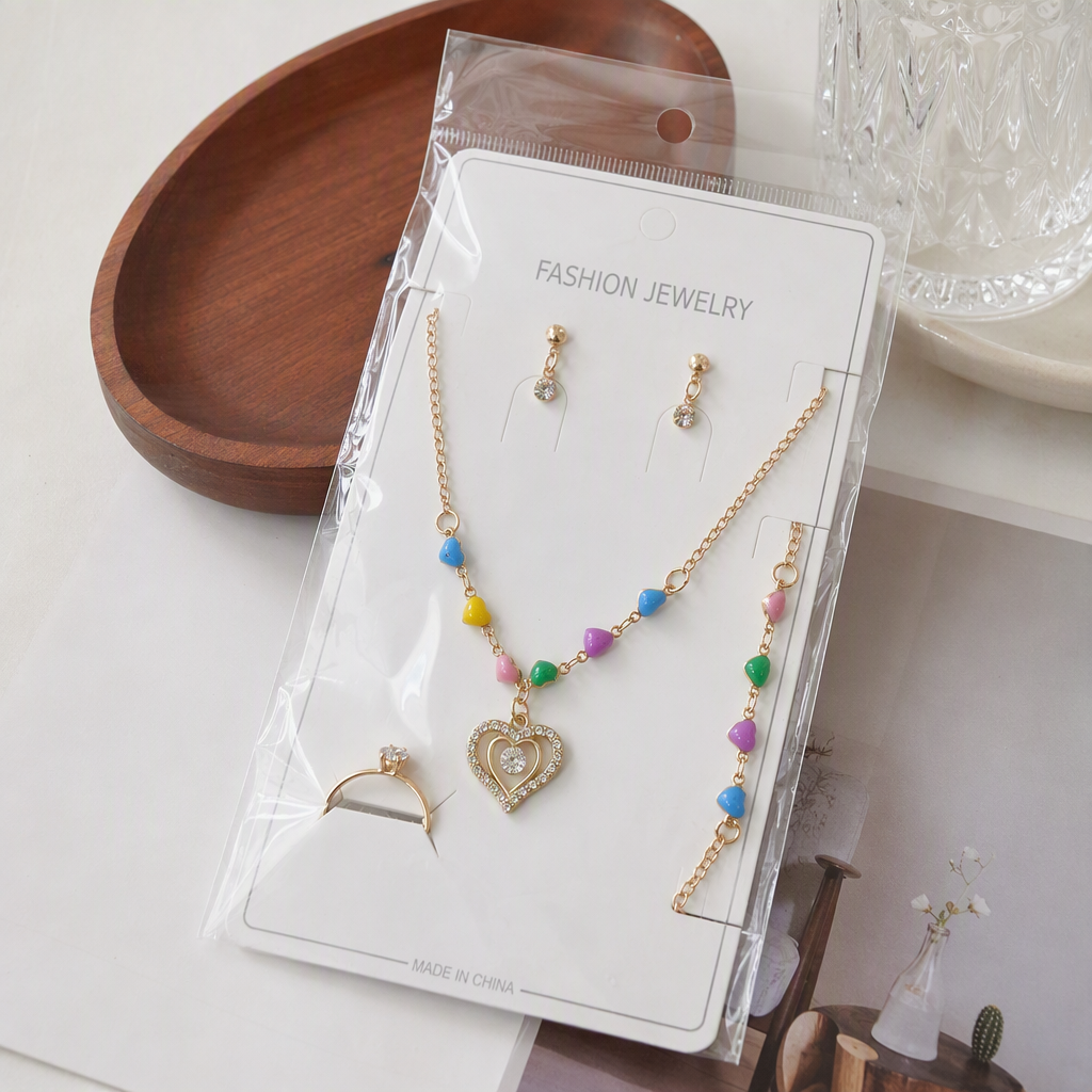Colorful heart-shaped jewelry set, necklace, bracelet, earrings, ring, trendy and versatile couple style gift box set details Picture