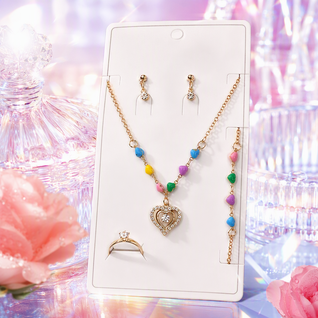 Colorful heart-shaped jewelry set, necklace, bracelet, earrings, ring, trendy and versatile couple style gift box set Specification image
