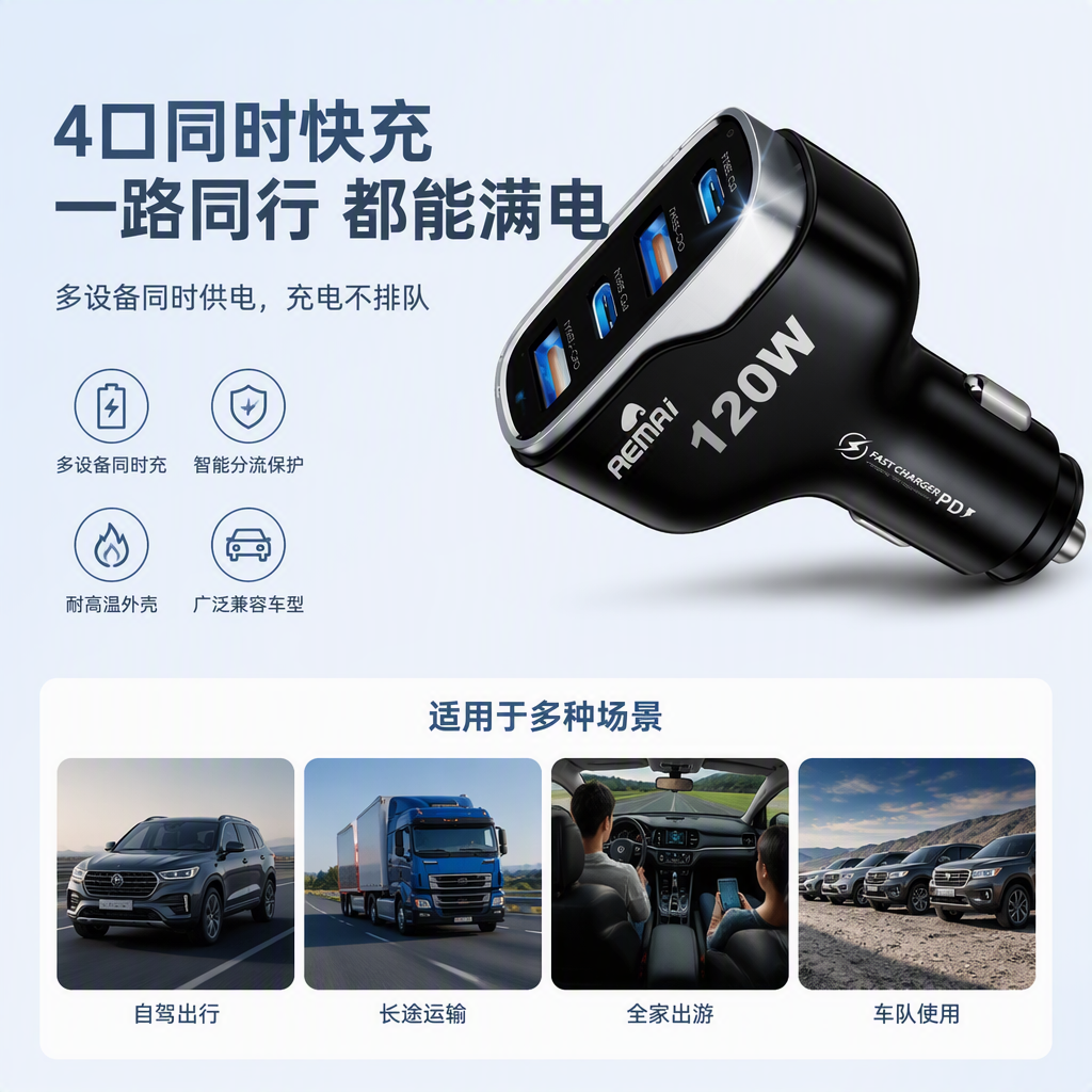 The multi-functional car fast charging black USB charger is compatible with mobile phones, tablets and car cigarette lighters