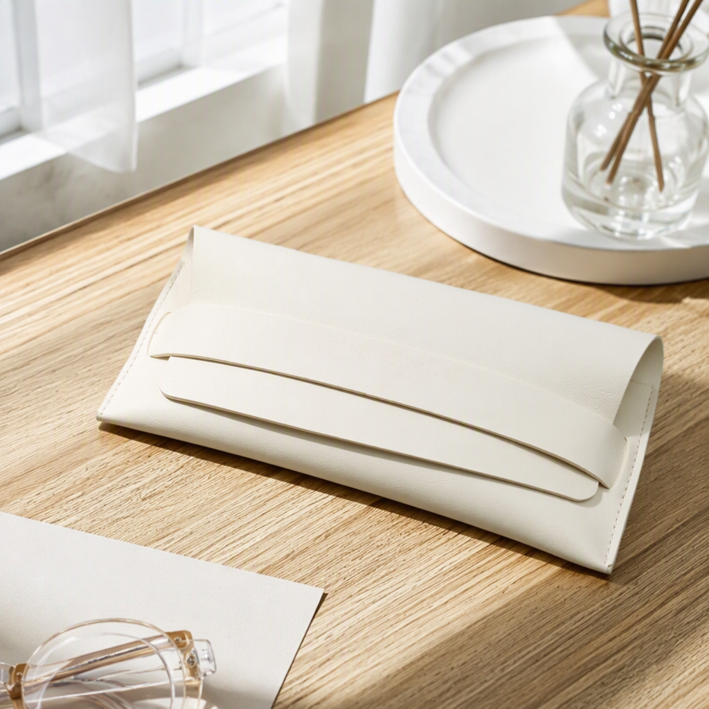 A simple, fashionable and portable storage box for off-white leather glasses, a desk lamp background paper decoration details Picture