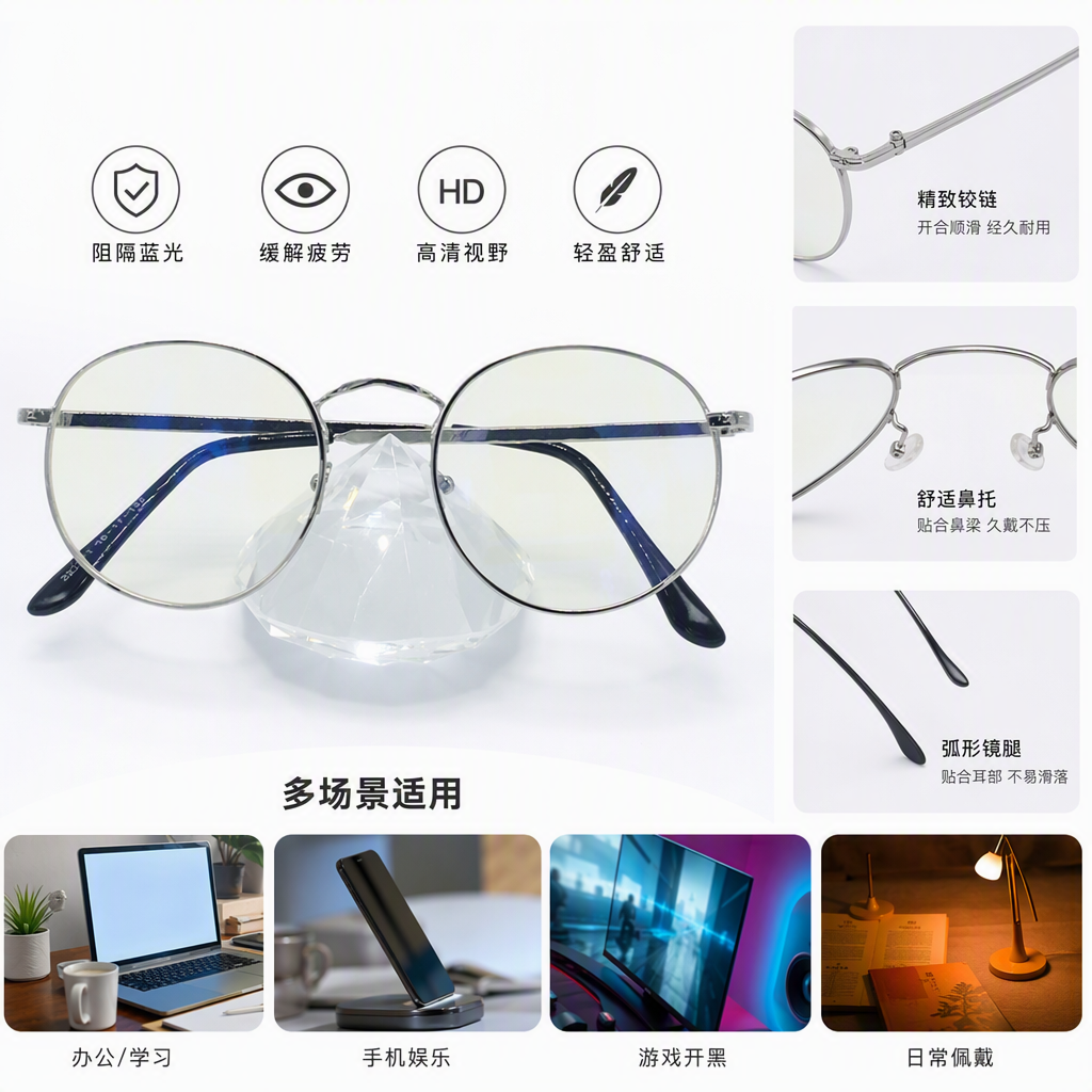 Fashionable silver round-framed glasses, dark blue temple display stand, transparent crystal base ornament collectible