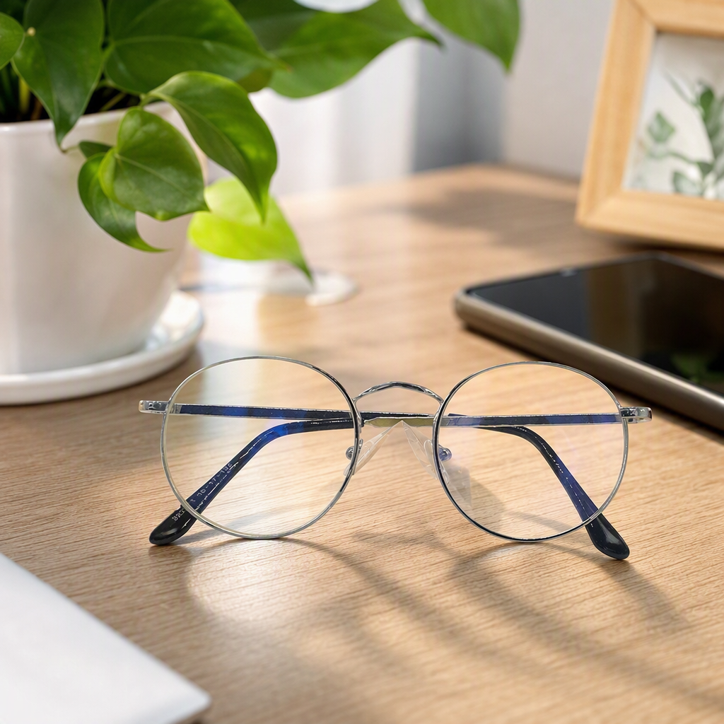Fashionable silver round-framed glasses, dark blue temple display stand, transparent crystal base ornament collectible details Picture