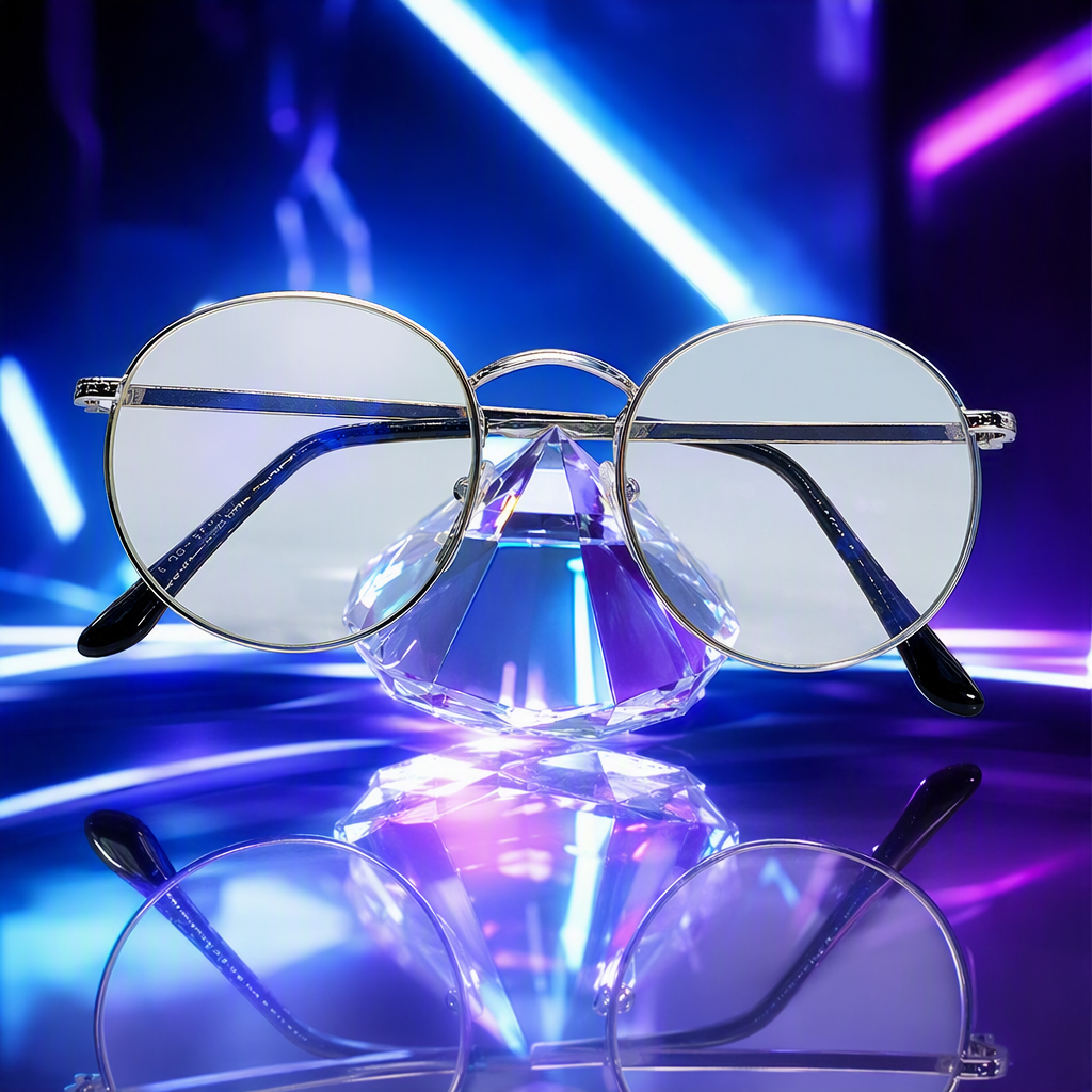 Fashionable silver round-framed glasses, dark blue temple display stand, transparent crystal base ornament collectible Specification image