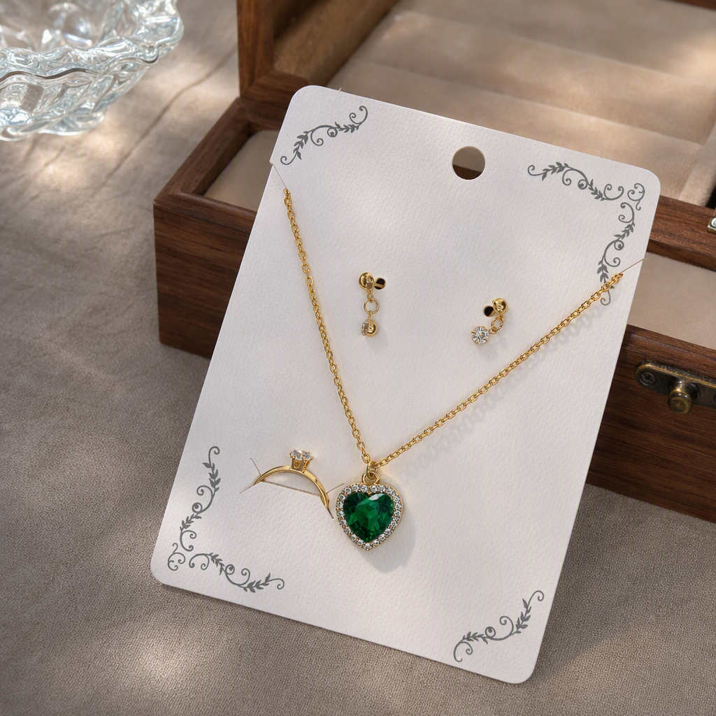 A fashionable and versatile couple gift jewelry set featuring a golden necklace with a green heart-shaped pendant and stud ring details Picture