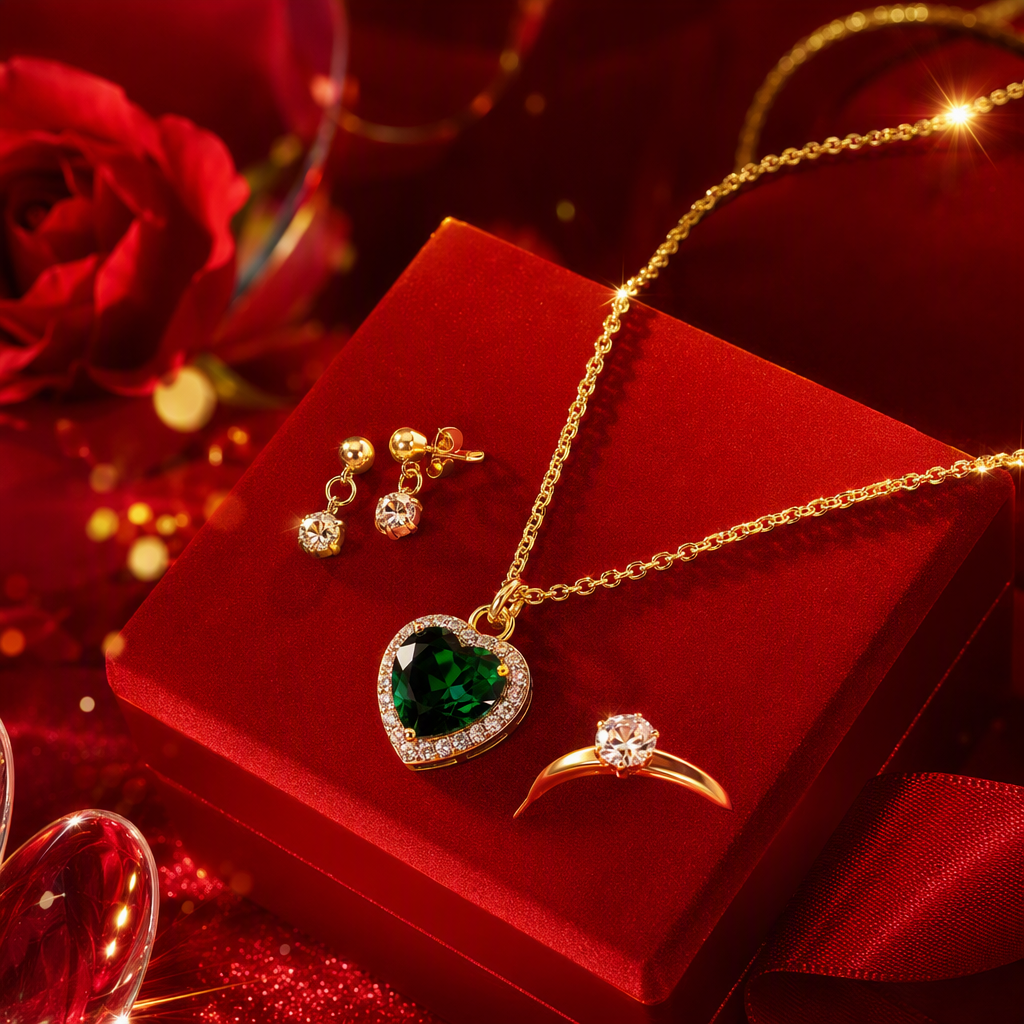 A fashionable and versatile couple gift jewelry set featuring a golden necklace with a green heart-shaped pendant and stud ring Specification image