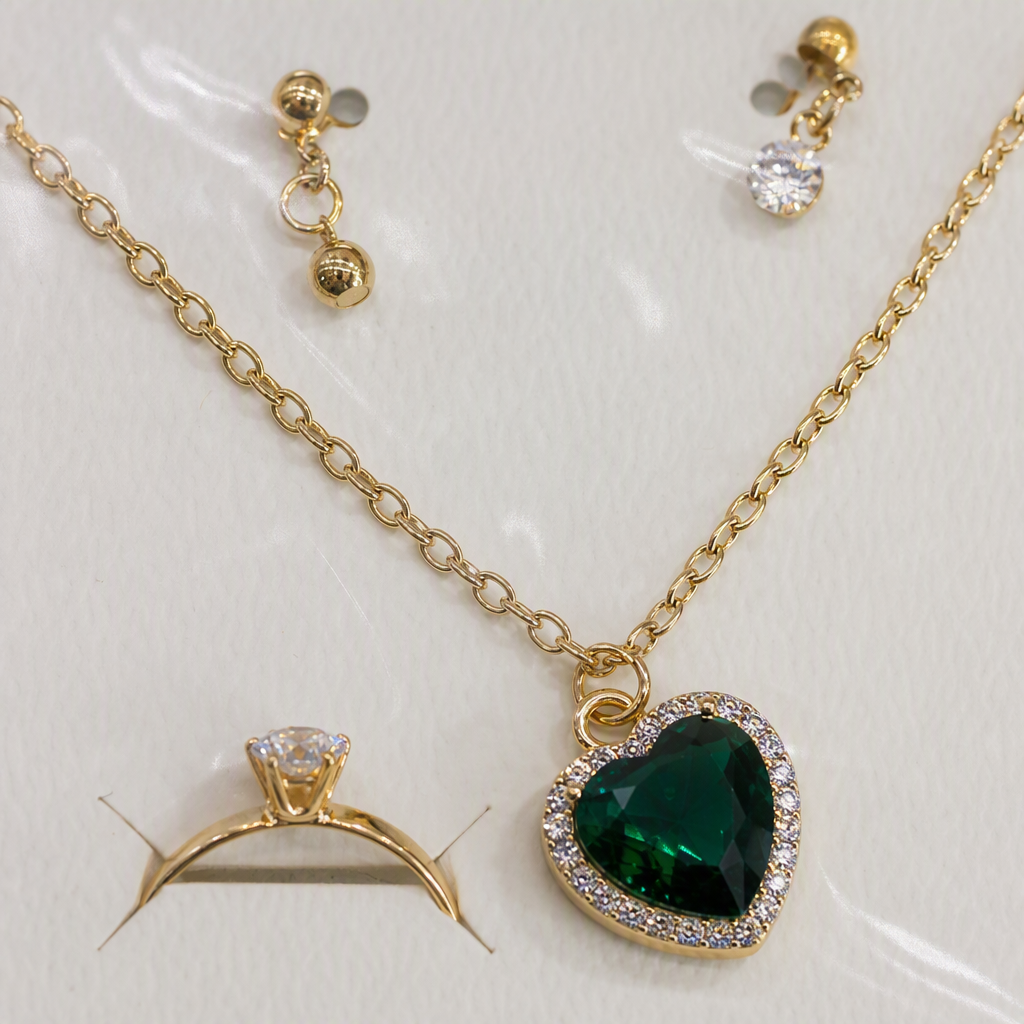 A fashionable and versatile couple gift jewelry set featuring a golden necklace with a green heart-shaped pendant and stud ring Application Scenario