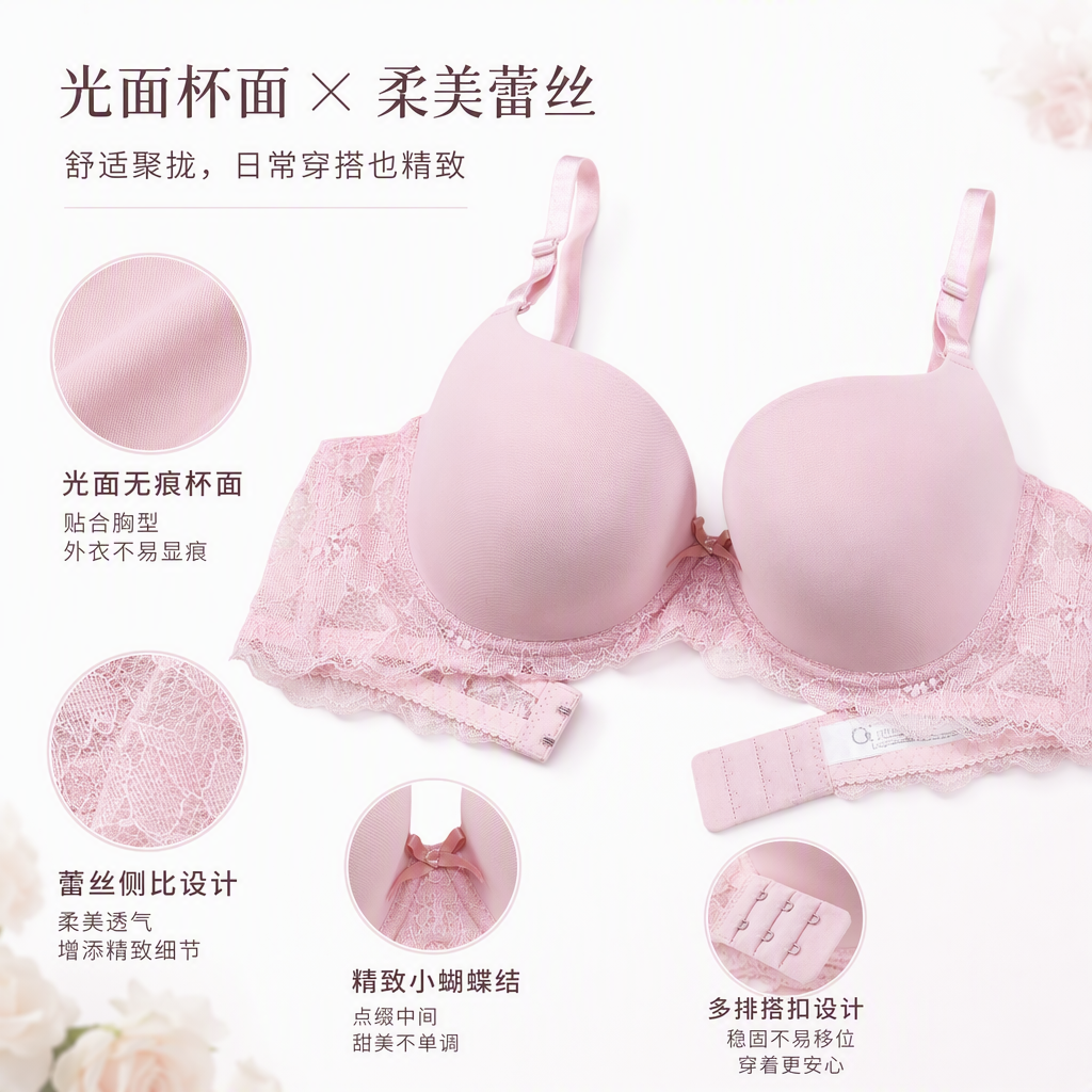 Elegant lace underwear, sexy and comfortable, pink women's bra, soft and breathable, with a variety of styles