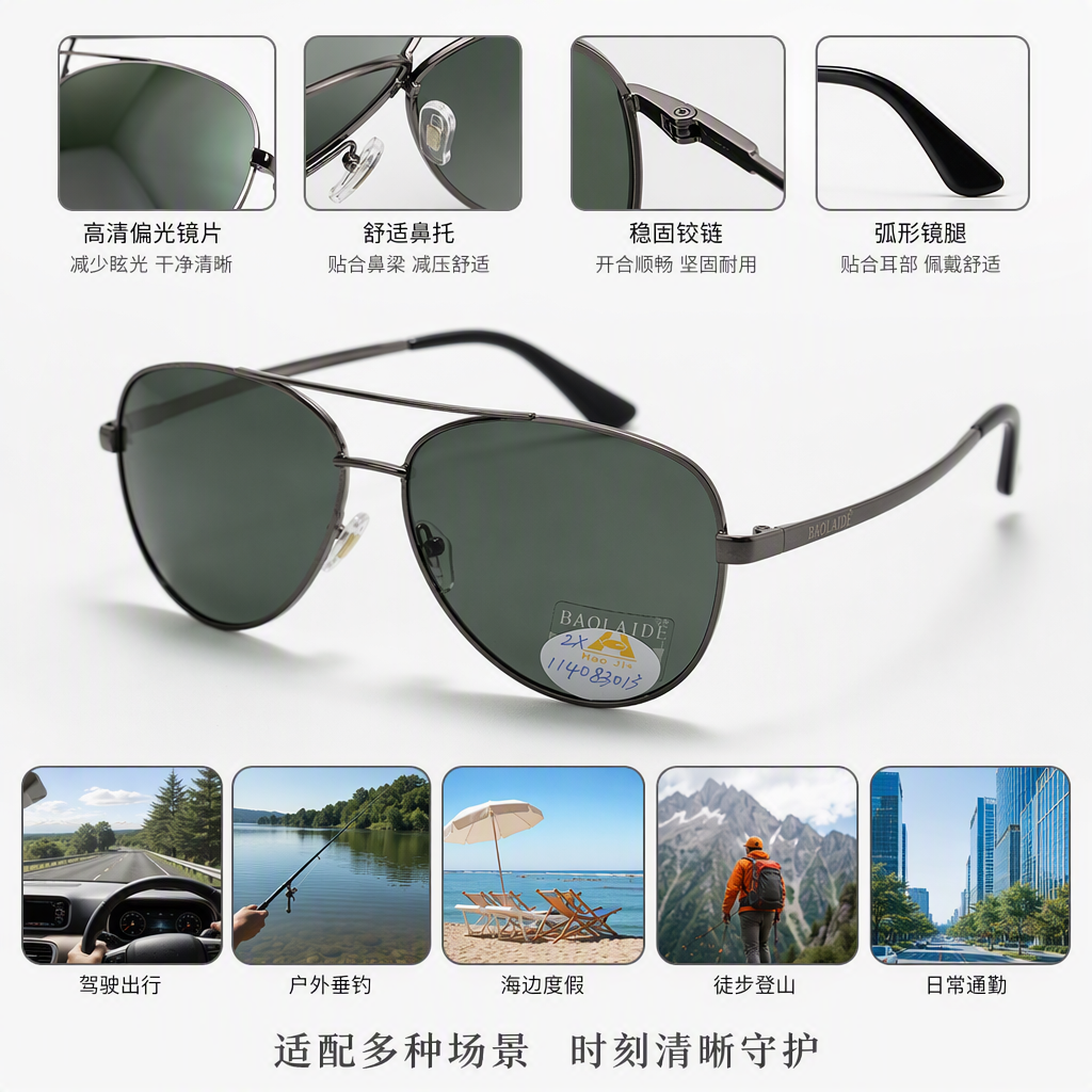 Fashionable polarized sunglasses for men drivers, UV-resistant black pilot style, trendy and casual