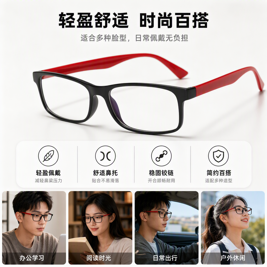 Fashionable black-framed red-leg glasses, suitable for both men and women, trendy and retro spectacle frame accessories