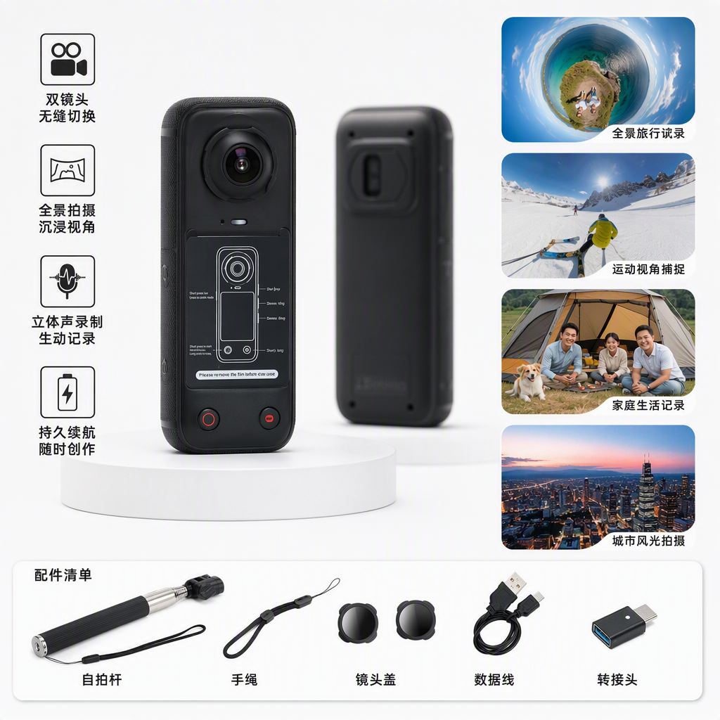 Cámara de cuatro colores caja negra palo selfie manual cable de carga cubierta de lente adaptador USB conjunto portátil accesorios para fotos