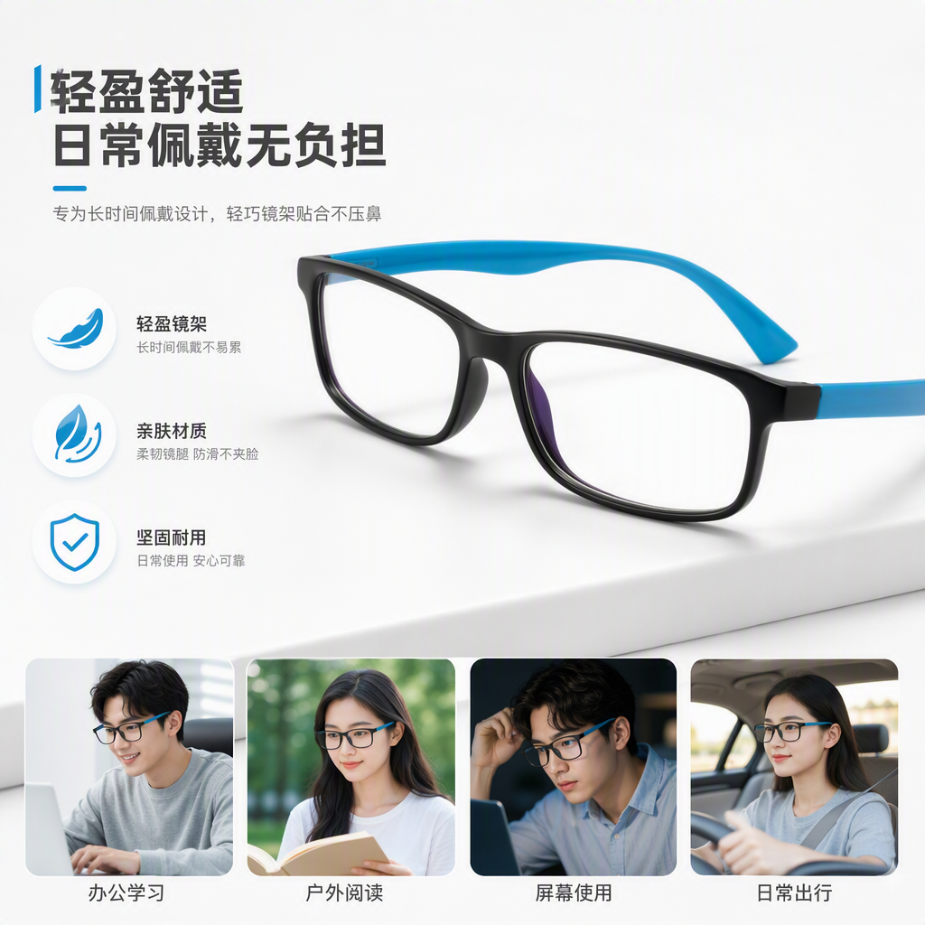 Fashionable black frame with blue temple, unisex trendy glasses, high-definition anti-blue light goggles stand