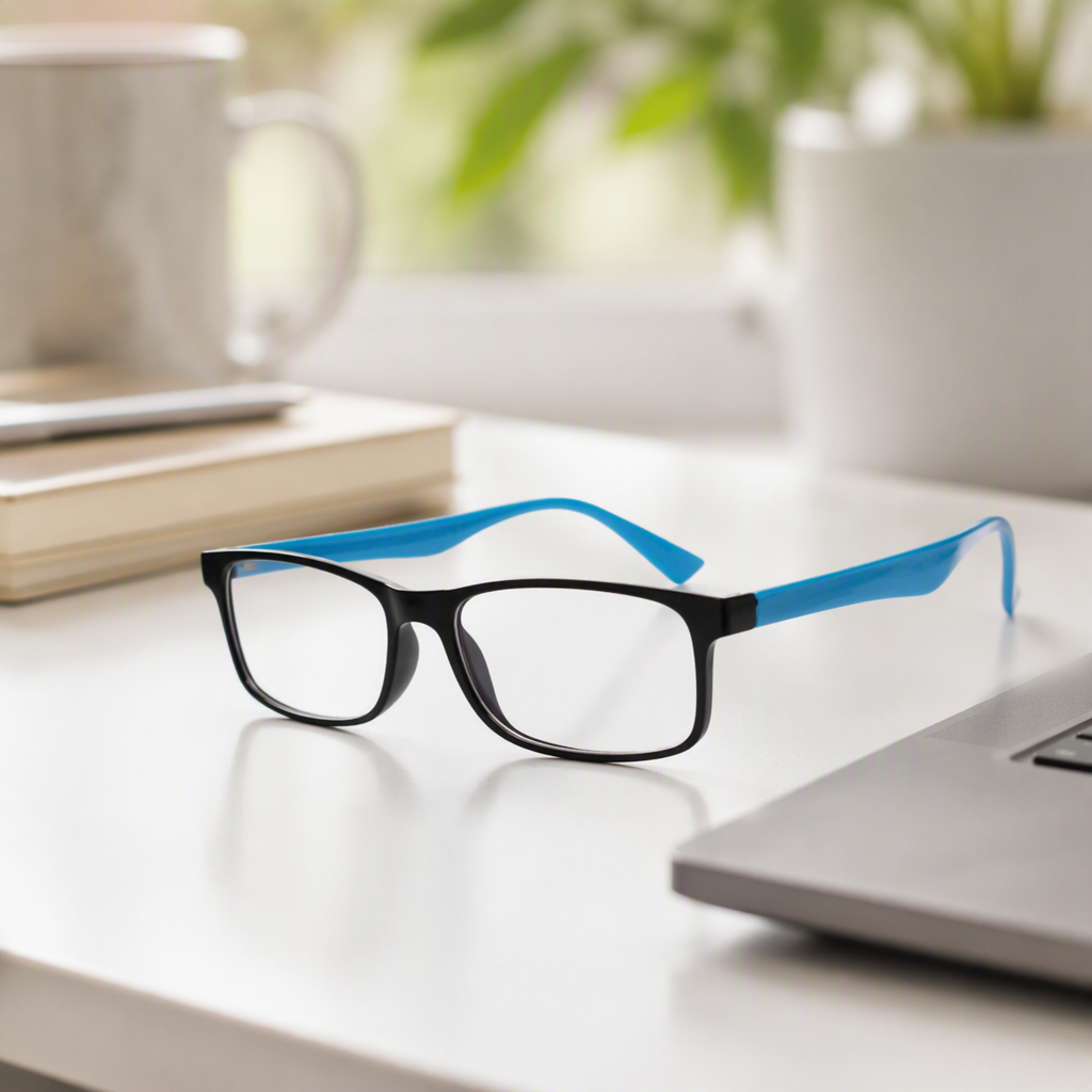 Fashionable black frame with blue temple, unisex trendy glasses, high-definition anti-blue light goggles stand details Picture