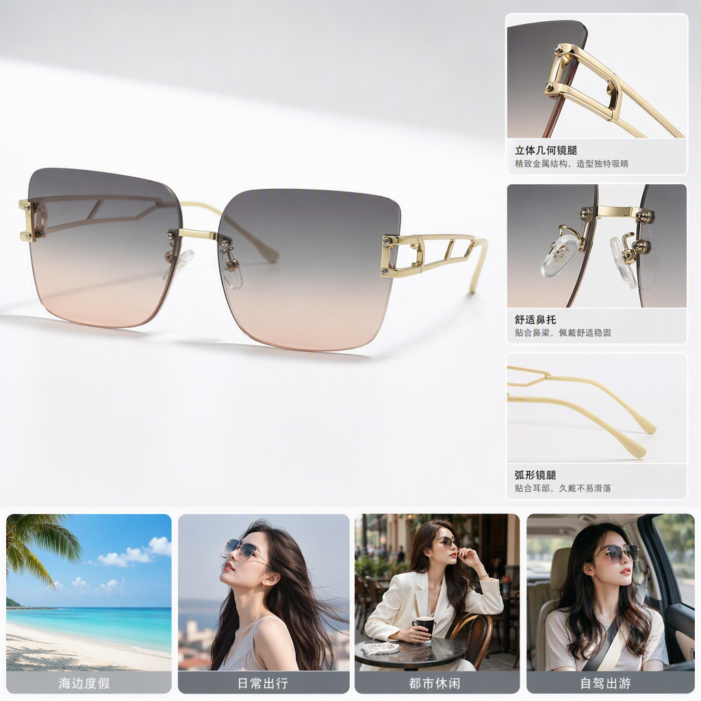 Fashionable golden-framed gradient pinkish-gray sunglasses with polarized UV protection, trendy sunglasses for both men and women
