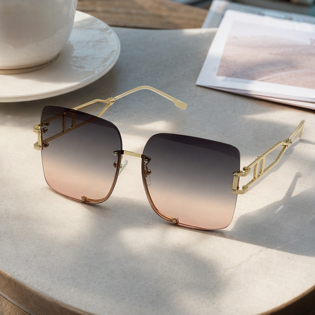 Fashionable golden-framed gradient pinkish-gray sunglasses with polarized UV protection, trendy sunglasses for both men and women details Picture
