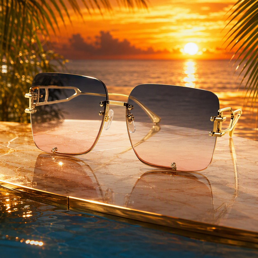 Fashionable golden-framed gradient pinkish-gray sunglasses with polarized UV protection, trendy sunglasses for both men and women Specification image