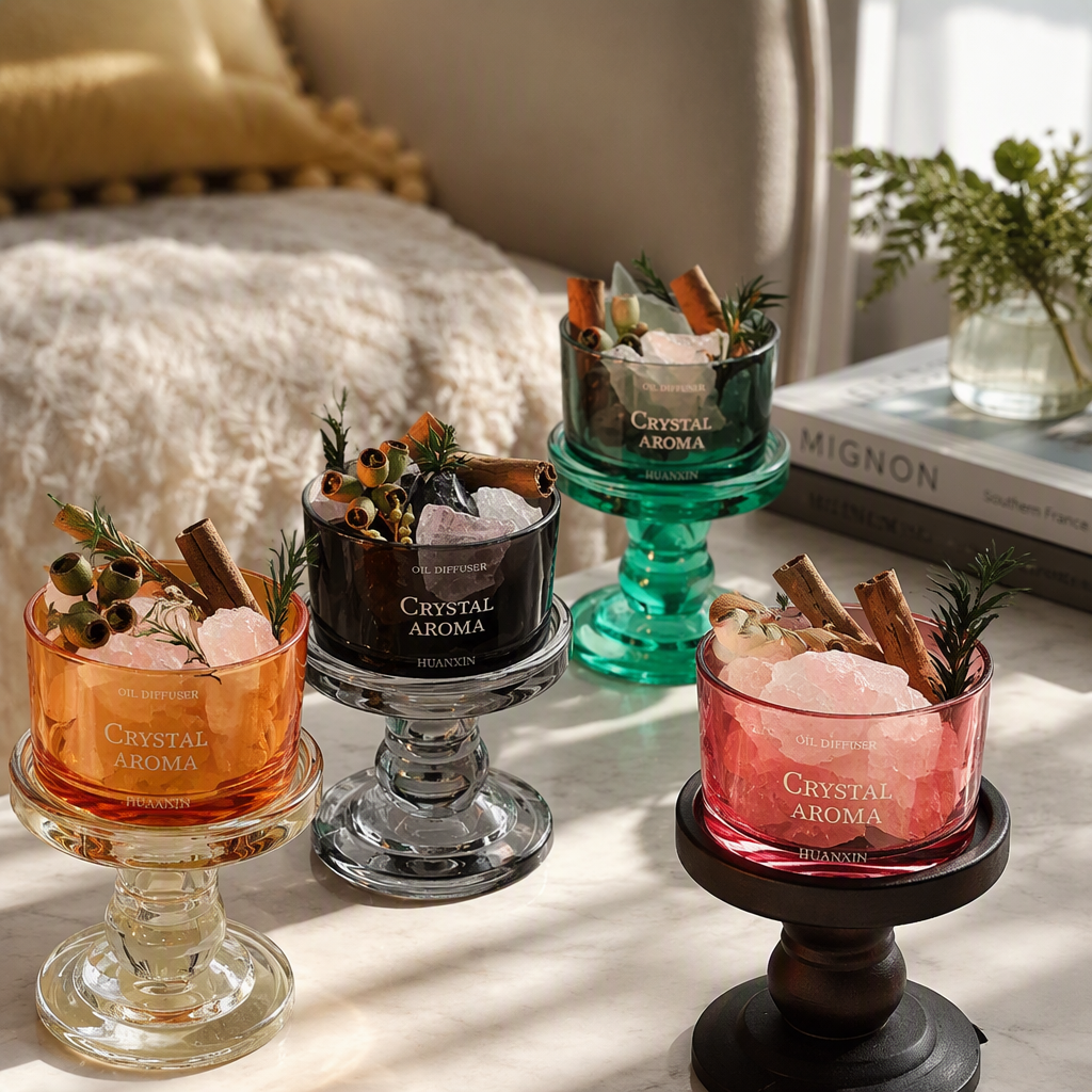 Colored glass aroma diffuser, high base, multi-color crystal salt, cinnamon and eucalyptus decorative aroma instrument details Picture