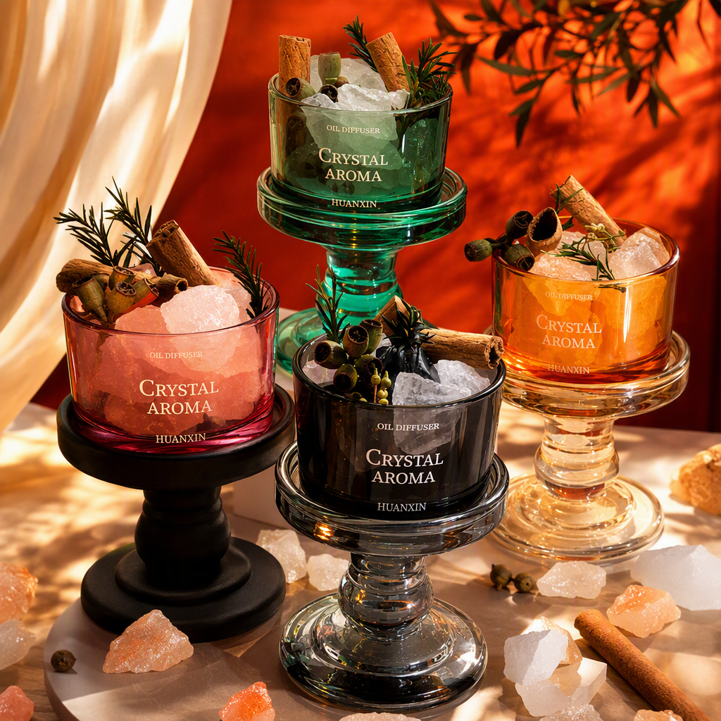 Colored glass aroma diffuser, high base, multi-color crystal salt, cinnamon and eucalyptus decorative aroma instrument Specification image
