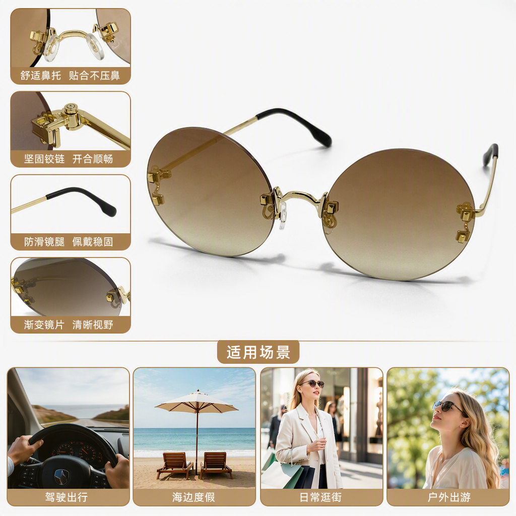 Fashionable golden frameless gradient sunglasses and polarized sunglasses are versatile and trendy for both men and women, providing UV protection in summer
