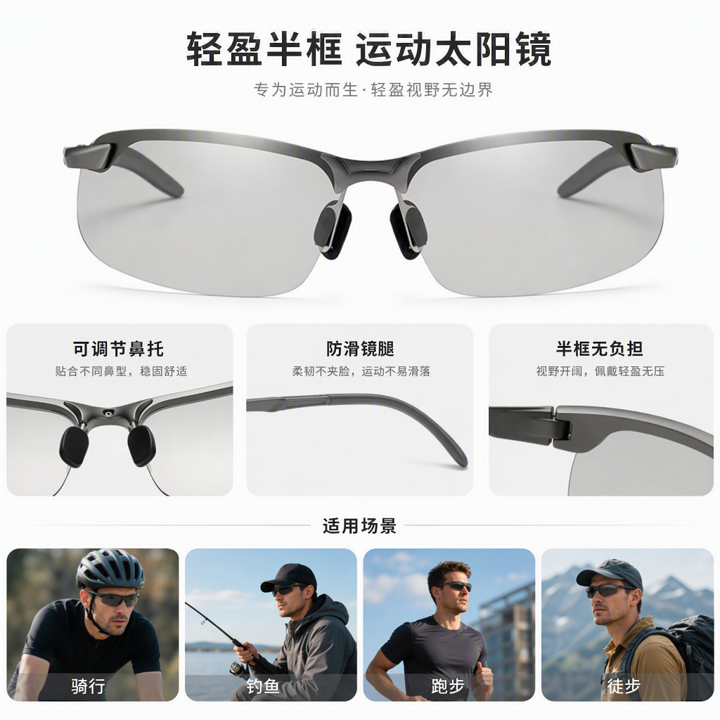 Fashionable grey gun-framed color-changing sunglasses with polarized UV protection, suitable for both men and women