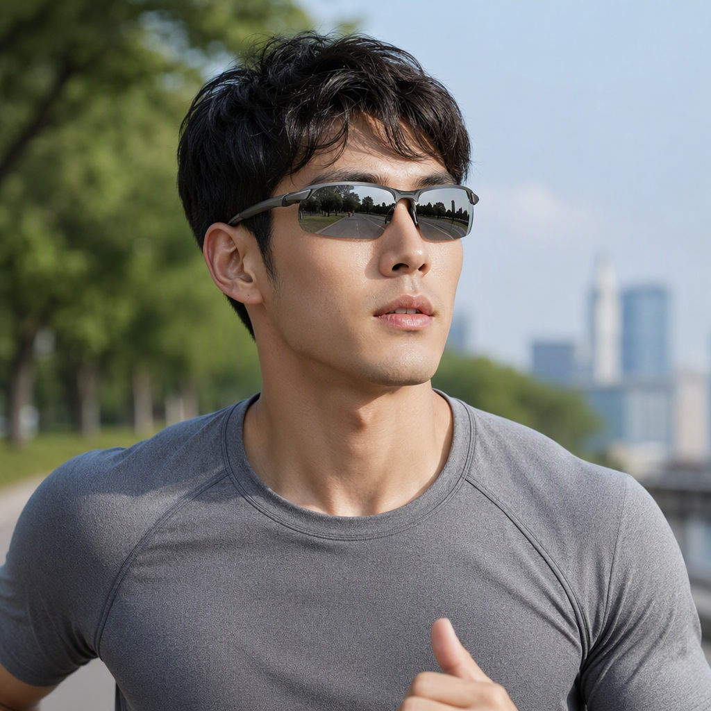 Fashionable grey gun-framed color-changing sunglasses with polarized UV protection, suitable for both men and women details Picture