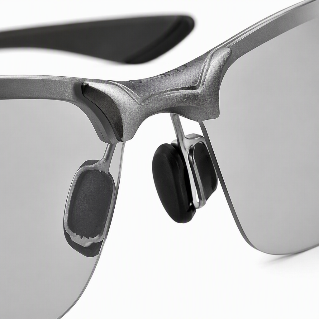 Fashionable grey gun-framed color-changing sunglasses with polarized UV protection, suitable for both men and women Application Scenario