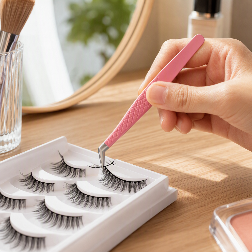 Professional beauty pink-handled tweezers for meticulous eyebrow shaping, with a fine tip that precisely holds beauty tools details Picture