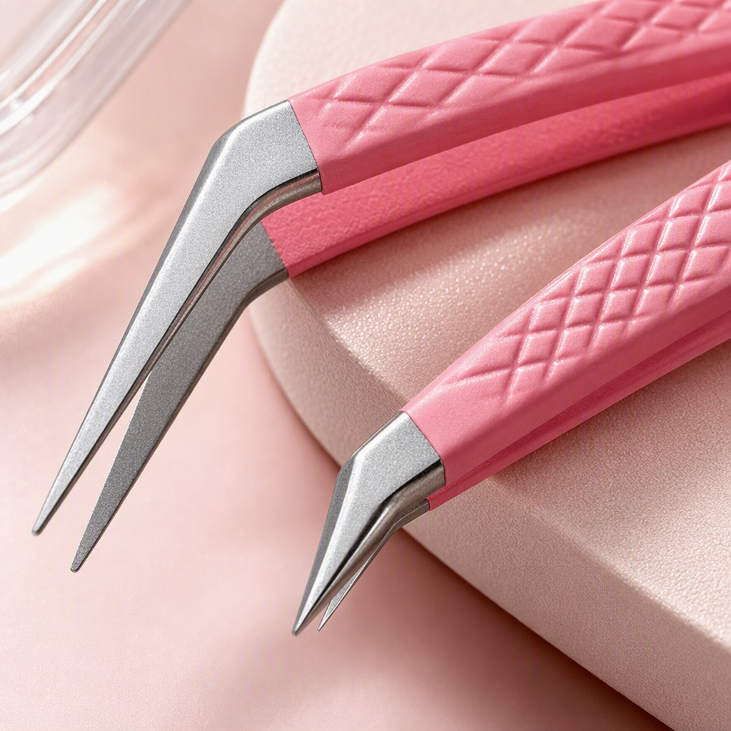 Professional beauty pink-handled tweezers for meticulous eyebrow shaping, with a fine tip that precisely holds beauty tools Application Scenario
