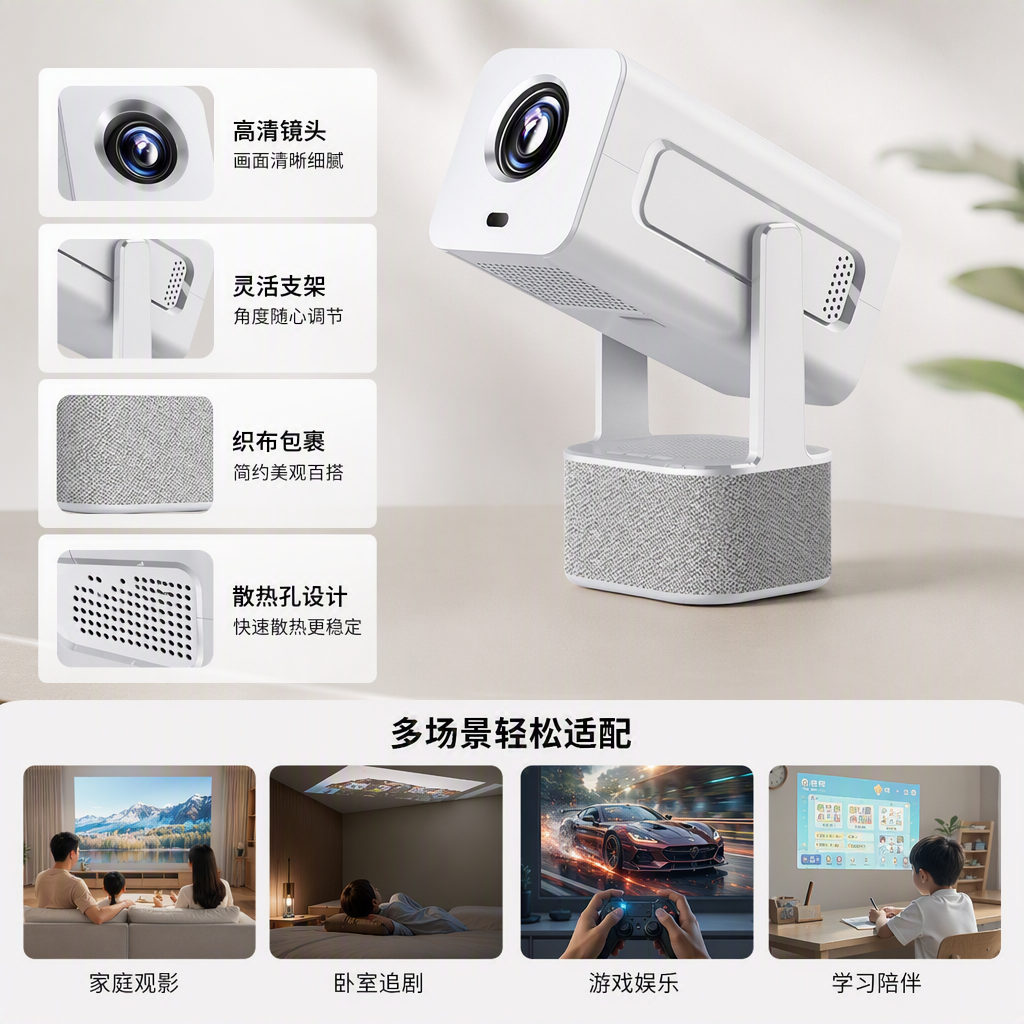 高清智能家庭影院投影仪白色多功能投影设备支持无线连接大屏幕