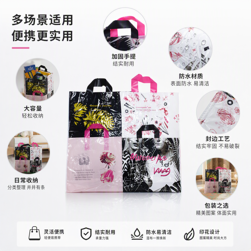 Environmentally friendly transparent plastic handbags, large shopping bags, portable packaging bags, plastic bags Item Picture