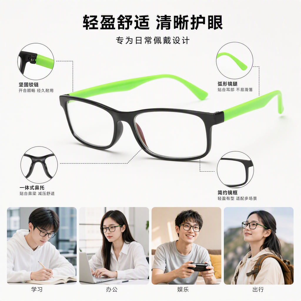 Fashionable black frame with green temple, unisex trendy glasses are light, comfortable and versatile