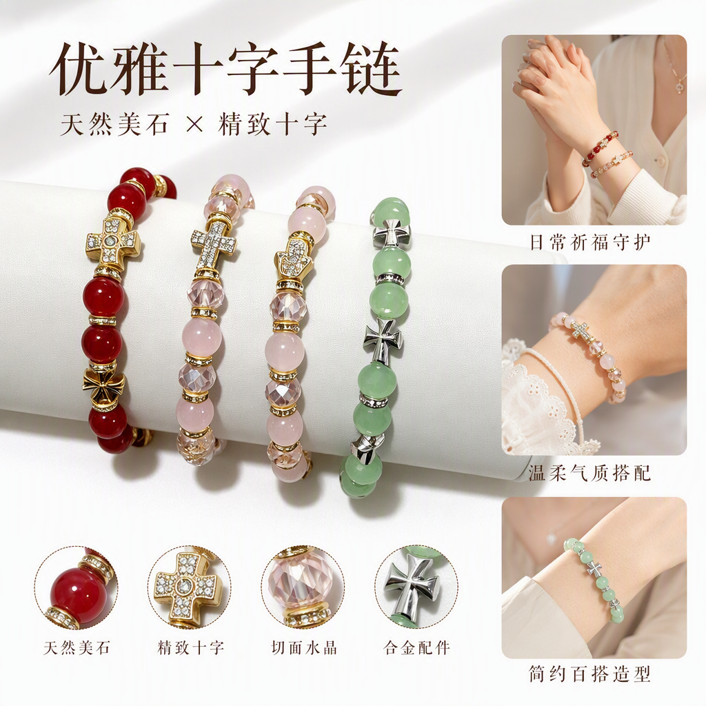 The white hand model showcases a multi-color bead bracelet in red, pink and green tones, paired with a metal cross-shaped hand accessory, making it a fashionable hand accessory