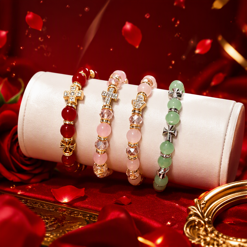 The white hand model showcases a multi-color bead bracelet in red, pink and green tones, paired with a metal cross-shaped hand accessory, making it a fashionable hand accessory Specification image