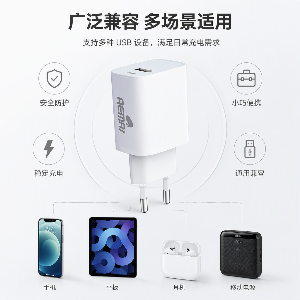 The multi-functional blue and white packaging box portable charger is suitable for charging multiple devices. The wired control design is fashionable and simple