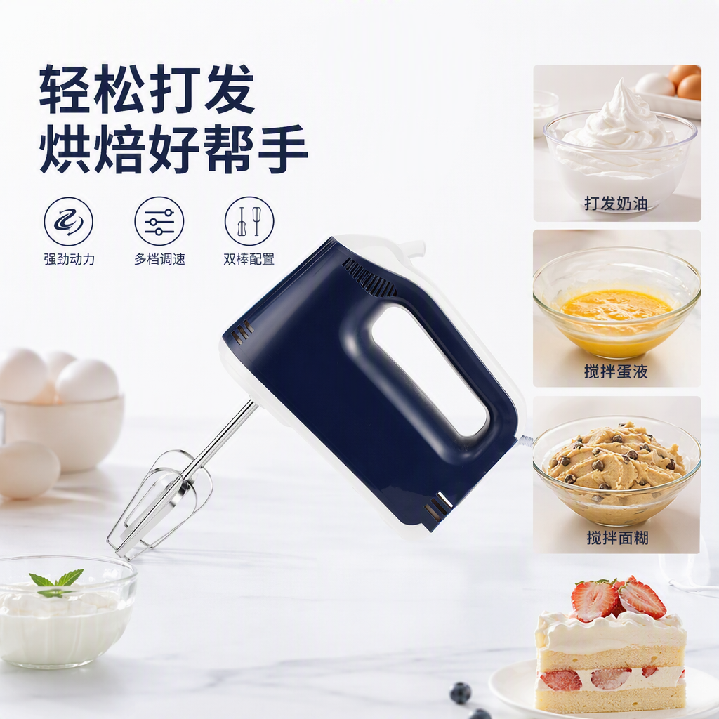 The multi-functional electric egg beater, a kitchen and household blender, is a lightweight and effortless essential tool for baking Item Picture