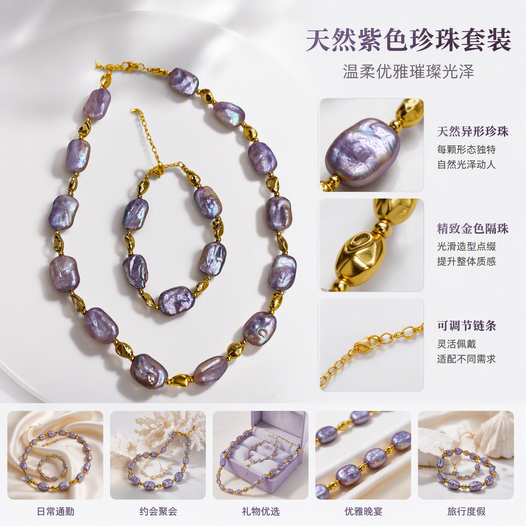 Elegante collar de perlas púrpura pulsera set mujer moda regalos clásicos accesorios accesorios