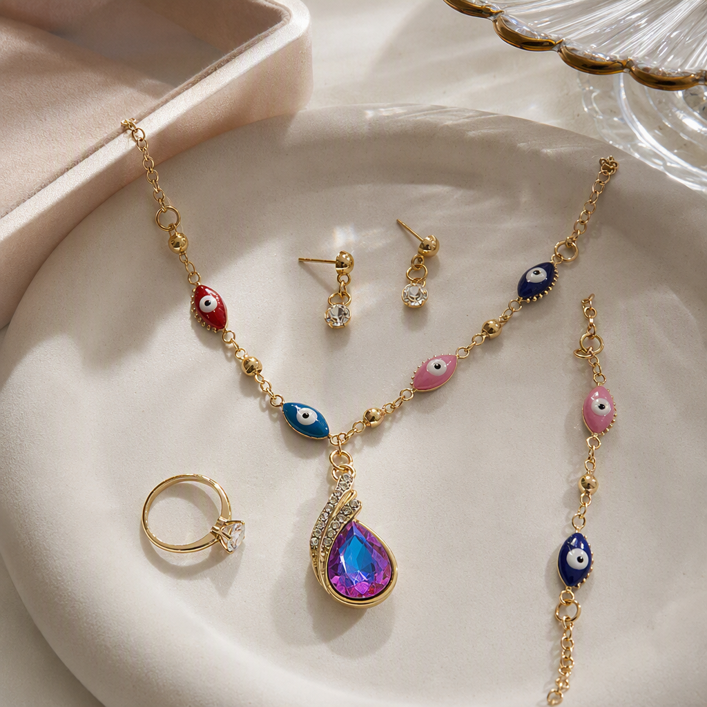 Golden chain, colorful evil eye pendant set, necklace, stud earrings, ring bracelet, fashionable and trendy accessory combination details Picture