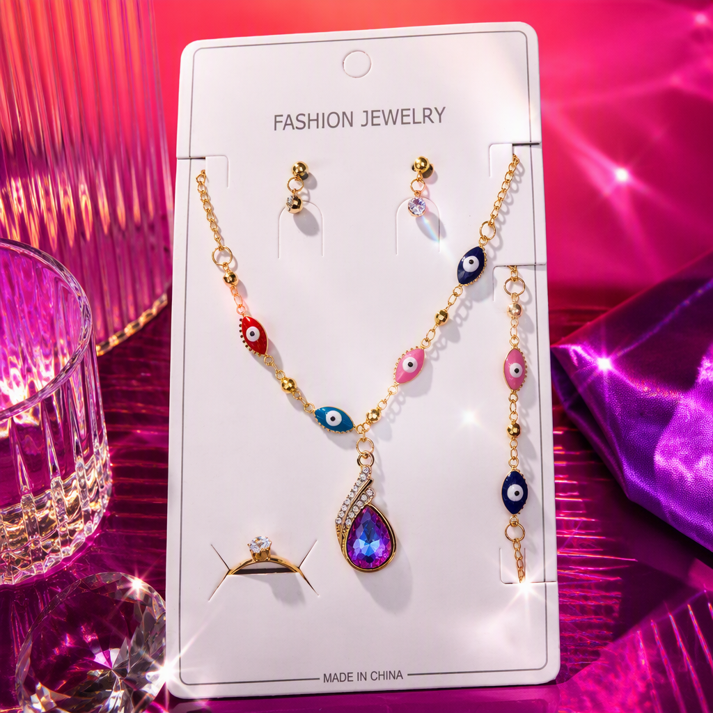 Golden chain, colorful evil eye pendant set, necklace, stud earrings, ring bracelet, fashionable and trendy accessory combination Specification image