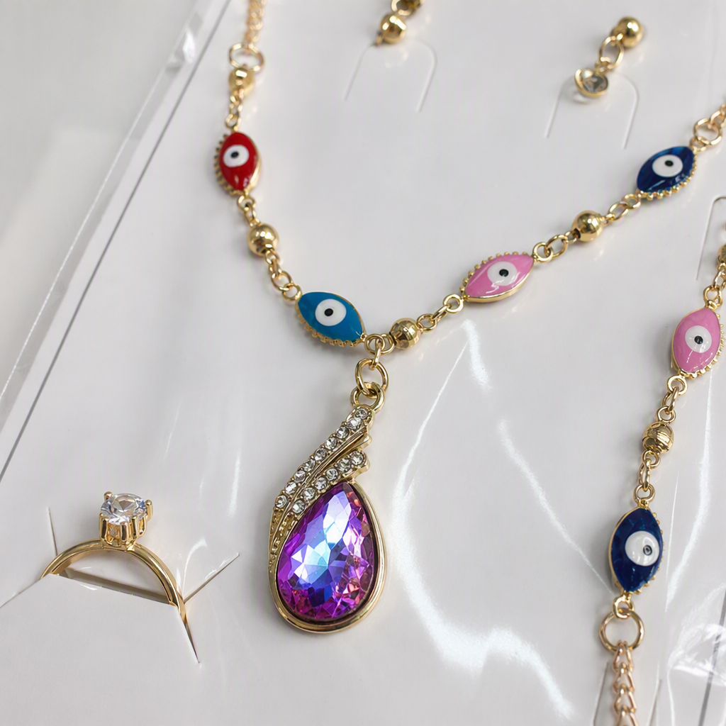 Golden chain, colorful evil eye pendant set, necklace, stud earrings, ring bracelet, fashionable and trendy accessory combination Application Scenario