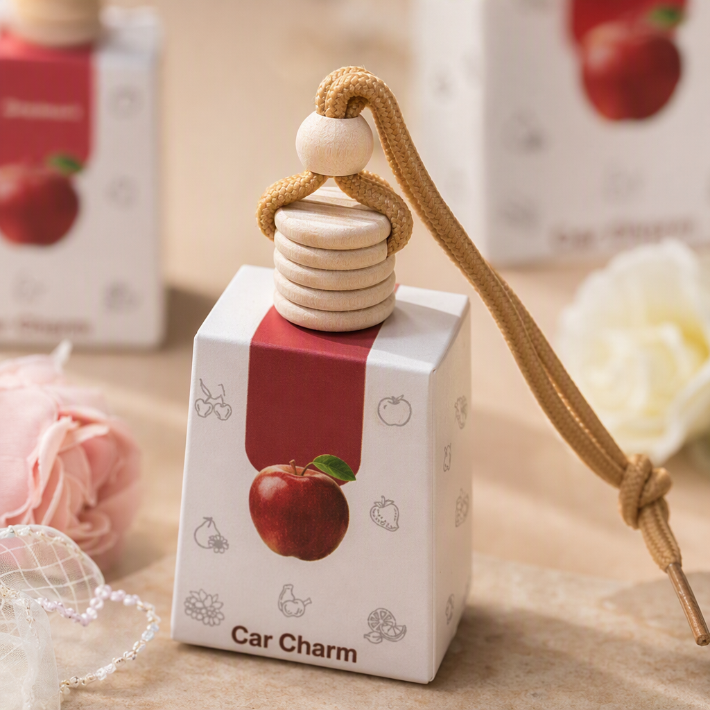 White packaging box for car aroma diffuser, fresh air, long-lasting fragrance inside the car. Simple design, car aroma diffuser box Application Scenario