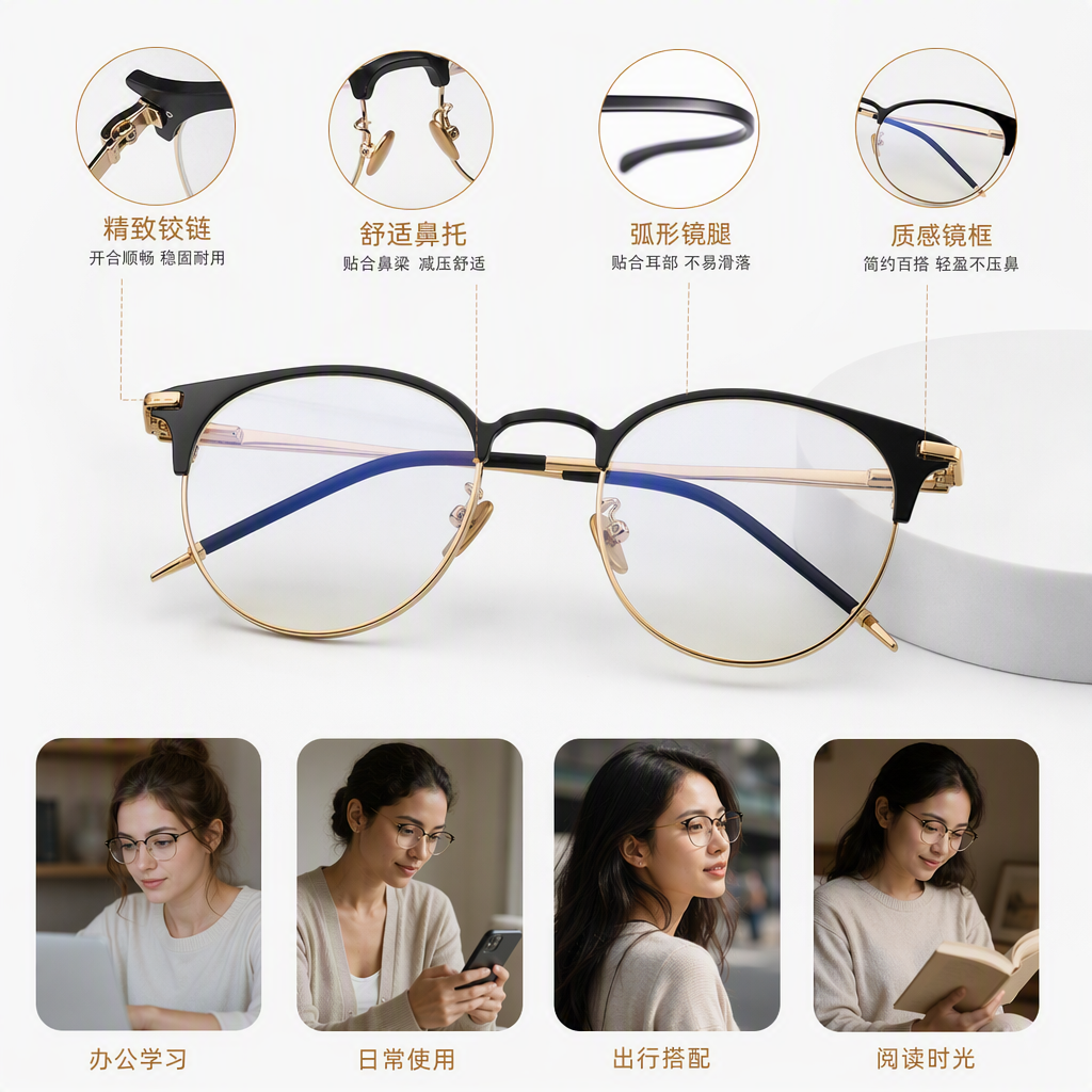 Fashionable gold-rimmed round glasses are displayed on a transparent glass stand as a simple and high-end accessory