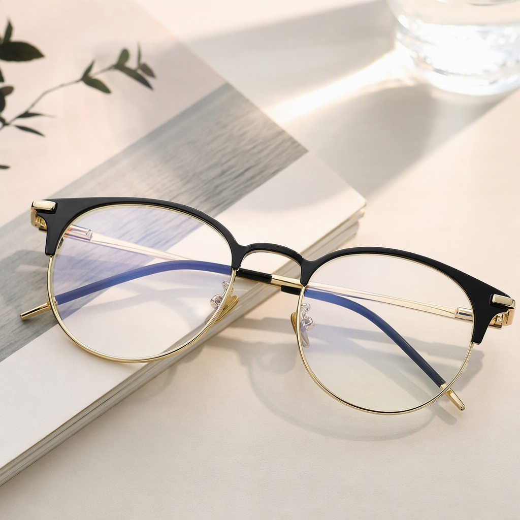 Fashionable gold-rimmed round glasses are displayed on a transparent glass stand as a simple and high-end accessory details Picture