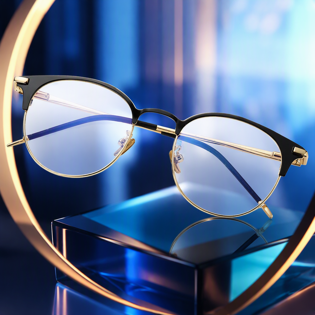 Fashionable gold-rimmed round glasses are displayed on a transparent glass stand as a simple and high-end accessory Specification image