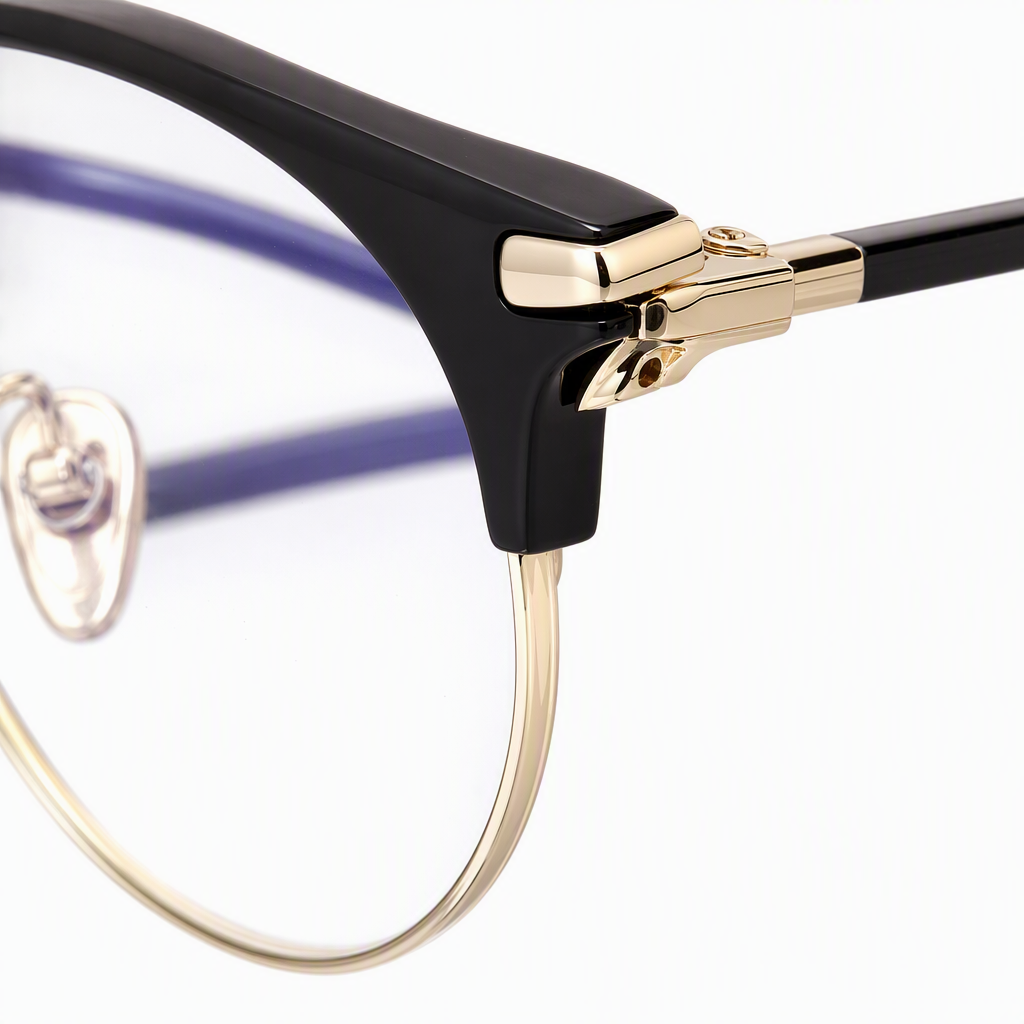 Fashionable gold-rimmed round glasses are displayed on a transparent glass stand as a simple and high-end accessory Application Scenario