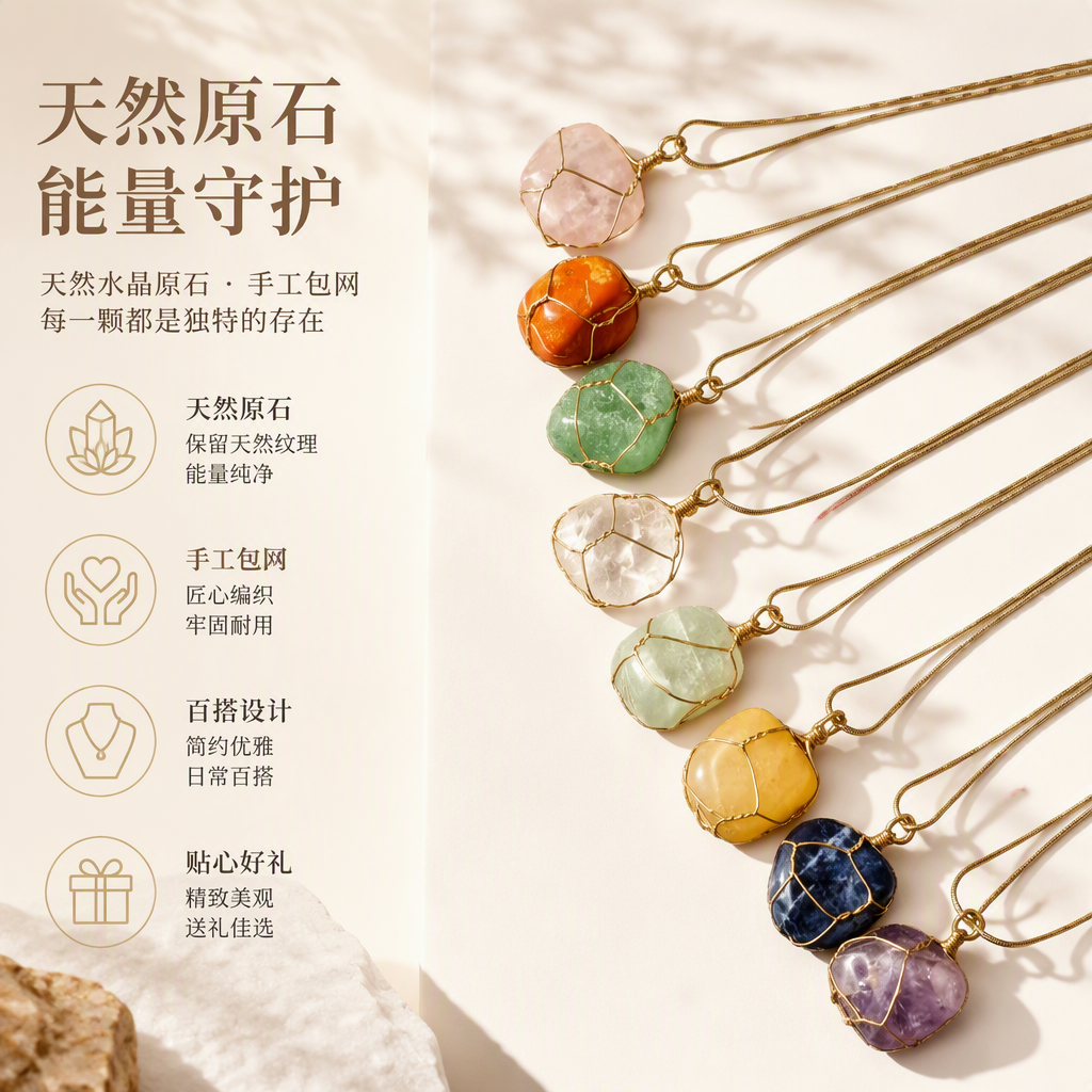 金色细链天然水晶吊坠项链简约时尚女款配饰礼品送女友
