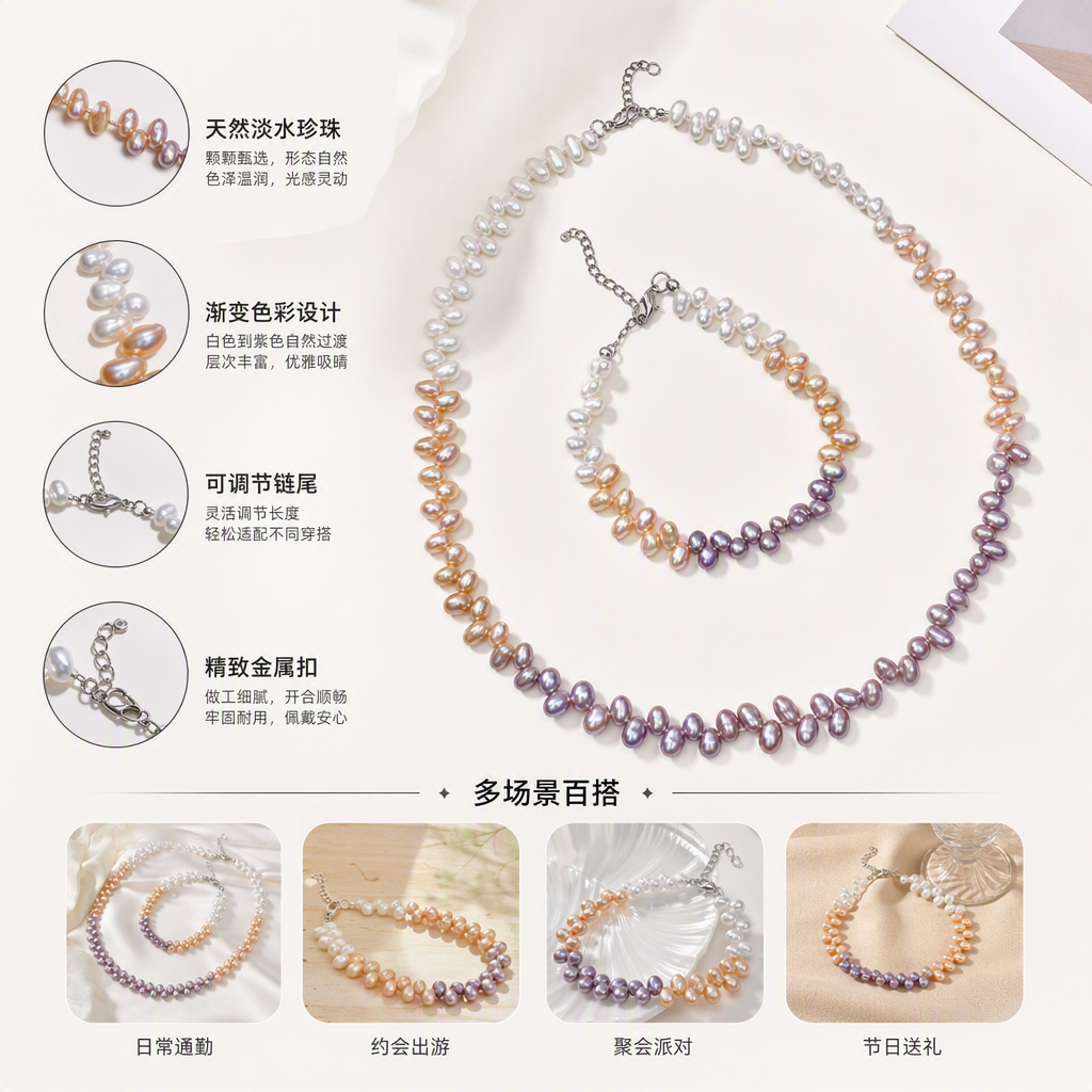 Colorful pearl necklace and bracelet set, elegant and fashionable. Colorful mother-of-pearl jewelry gift box, suitable for women as a gift