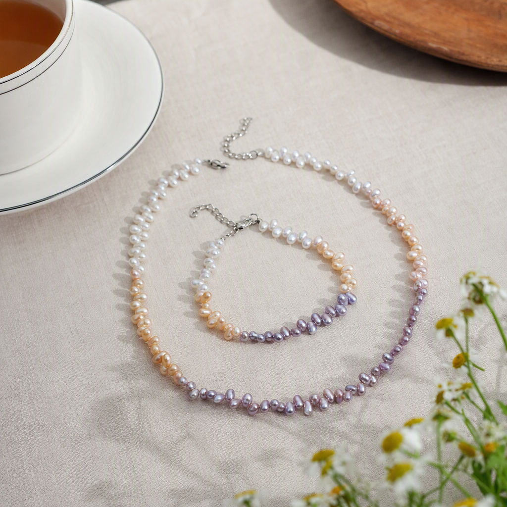 Colorful pearl necklace and bracelet set, elegant and fashionable. Colorful mother-of-pearl jewelry gift box, suitable for women as a gift details Picture