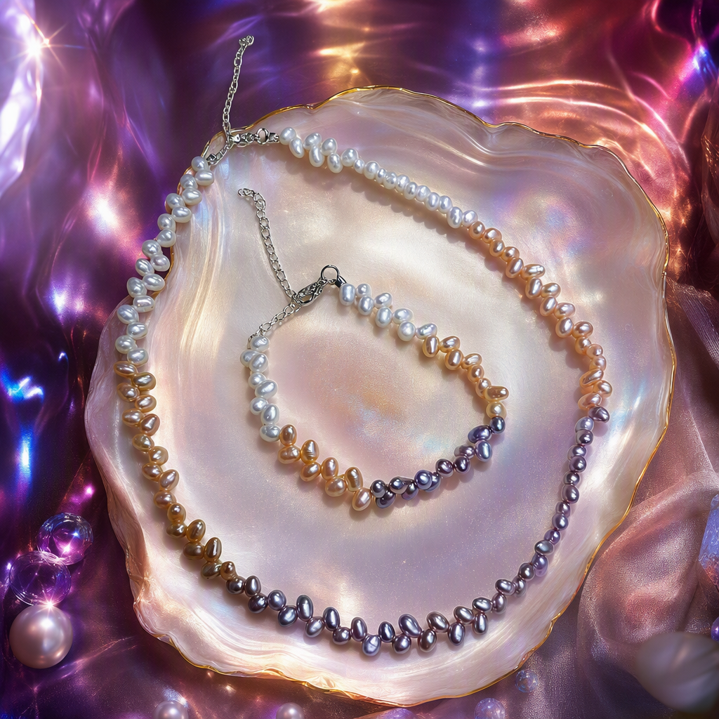 Colorful pearl necklace and bracelet set, elegant and fashionable. Colorful mother-of-pearl jewelry gift box, suitable for women as a gift Specification image